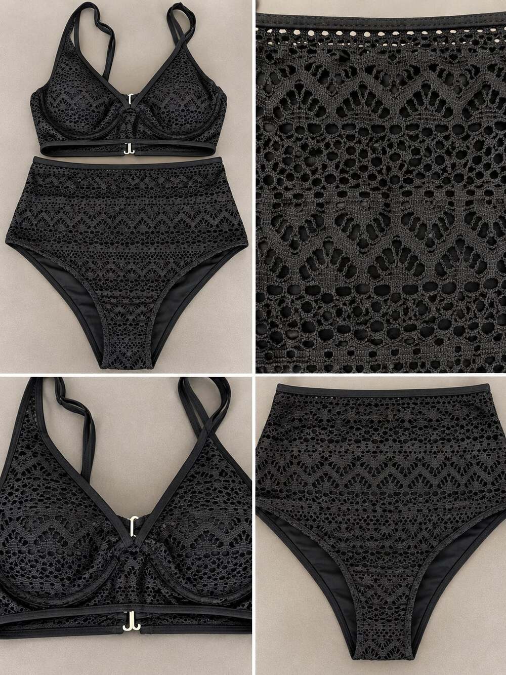 Women's Black Crochet Lace High Waisted Bikini 2 Piece Swimsuit Size Small NWT